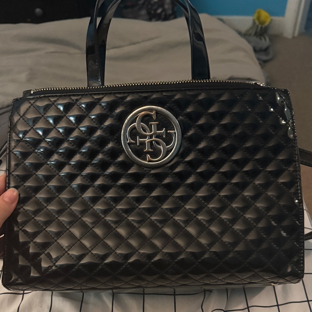 Guess Shiny Black Quilted Shoulder Bag